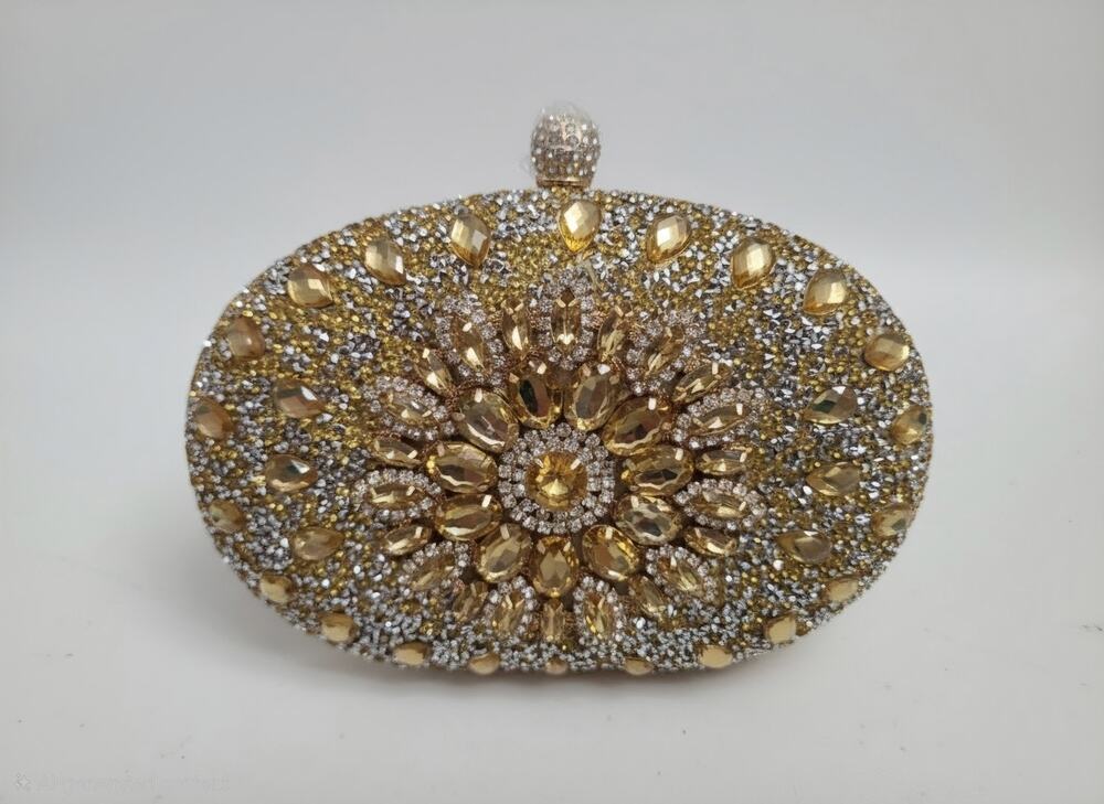 Luxury Gold Rhinestone Sunflower Evening Clutch Bag Crystal Oval Gala Wedding